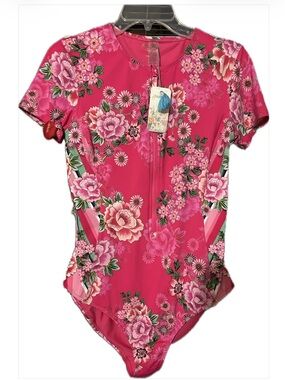 Johnny Was Pink Floral Short-Sleeve Bodysuit